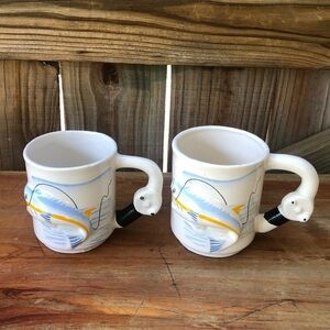 Set of 2 Vintage 3D Fish & Fishing Rod & Reel Coffee Mugs by Emson 10oz & 12oz